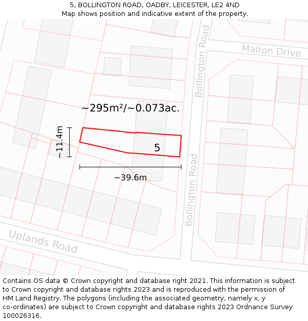 5, BOLLINGTON ROAD, OADBY, LEICESTER, LE2 4ND: Plot and title map