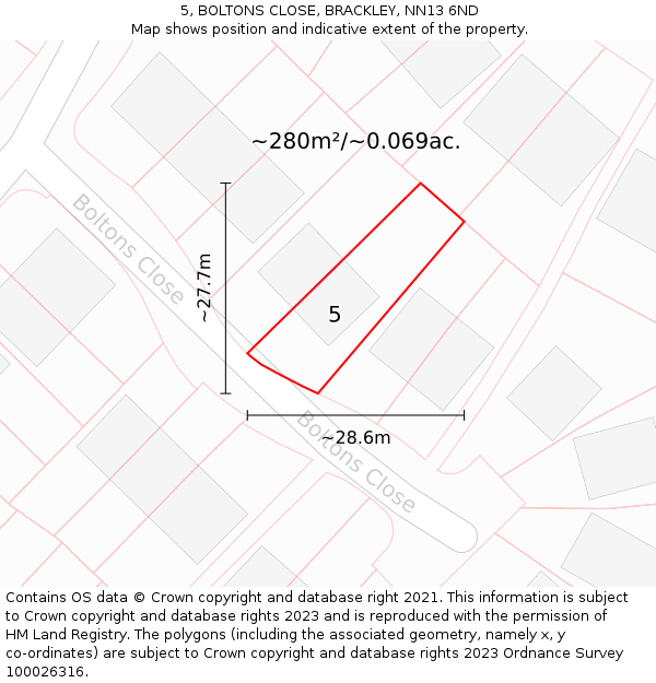 5, BOLTONS CLOSE, BRACKLEY, NN13 6ND: Plot and title map