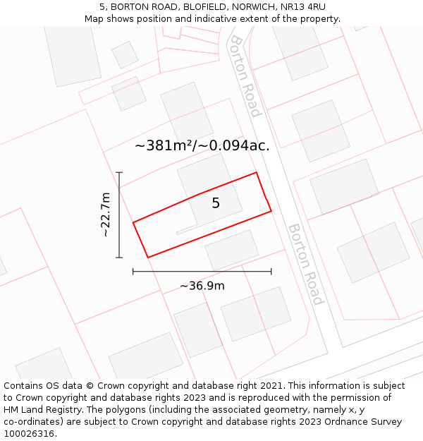 5, BORTON ROAD, BLOFIELD, NORWICH, NR13 4RU: Plot and title map