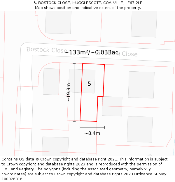 5, BOSTOCK CLOSE, HUGGLESCOTE, COALVILLE, LE67 2LF: Plot and title map