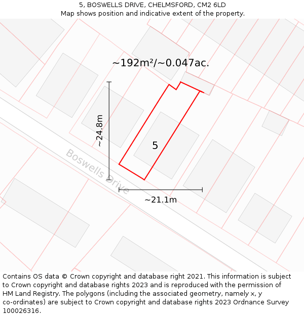 5, BOSWELLS DRIVE, CHELMSFORD, CM2 6LD: Plot and title map