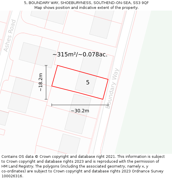 5, BOUNDARY WAY, SHOEBURYNESS, SOUTHEND-ON-SEA, SS3 9QF: Plot and title map