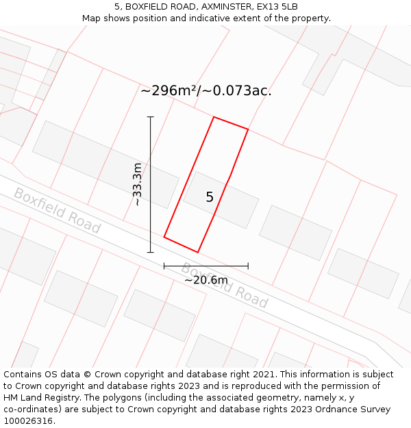 5, BOXFIELD ROAD, AXMINSTER, EX13 5LB: Plot and title map