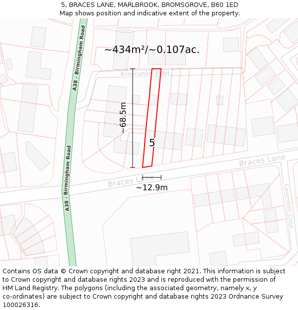 5, BRACES LANE, MARLBROOK, BROMSGROVE, B60 1ED: Plot and title map