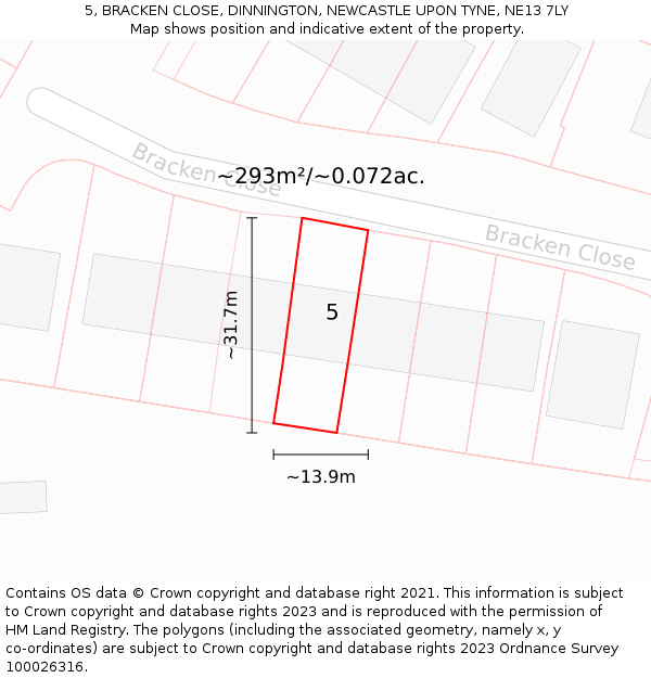 5, BRACKEN CLOSE, DINNINGTON, NEWCASTLE UPON TYNE, NE13 7LY: Plot and title map