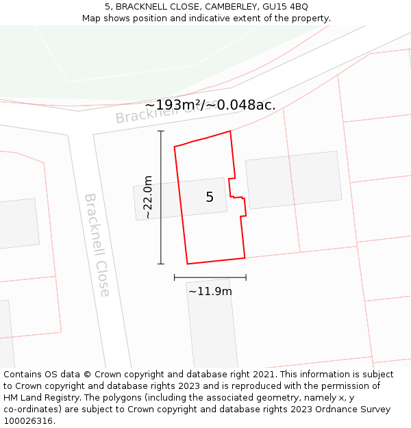 5, BRACKNELL CLOSE, CAMBERLEY, GU15 4BQ: Plot and title map