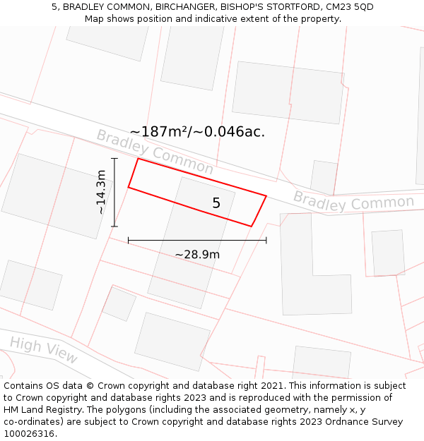 5, BRADLEY COMMON, BIRCHANGER, BISHOP'S STORTFORD, CM23 5QD: Plot and title map
