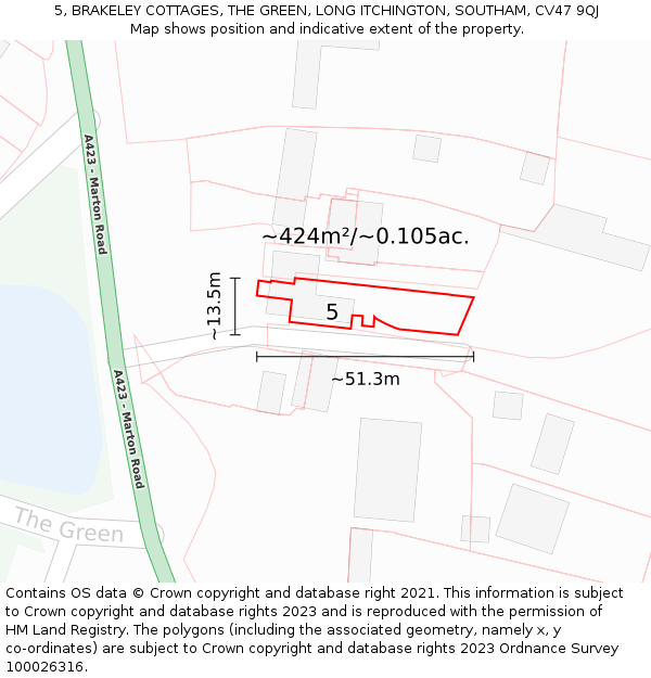 5, BRAKELEY COTTAGES, THE GREEN, LONG ITCHINGTON, SOUTHAM, CV47 9QJ: Plot and title map