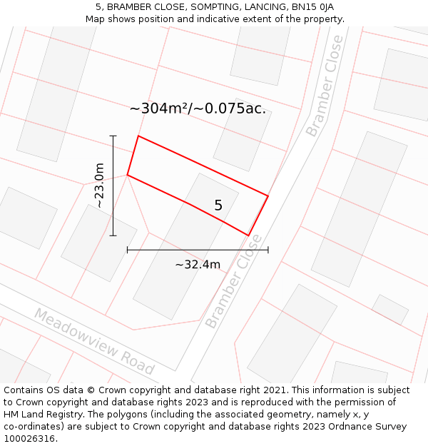 5, BRAMBER CLOSE, SOMPTING, LANCING, BN15 0JA: Plot and title map