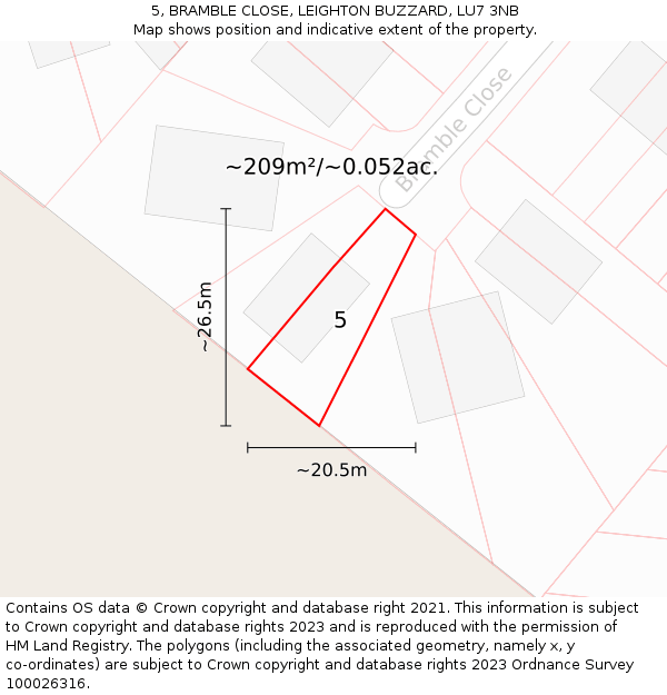 5, BRAMBLE CLOSE, LEIGHTON BUZZARD, LU7 3NB: Plot and title map