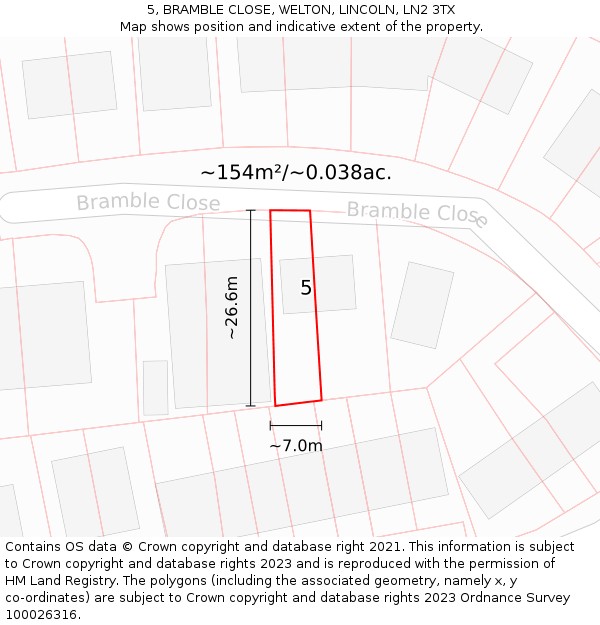 5, BRAMBLE CLOSE, WELTON, LINCOLN, LN2 3TX: Plot and title map