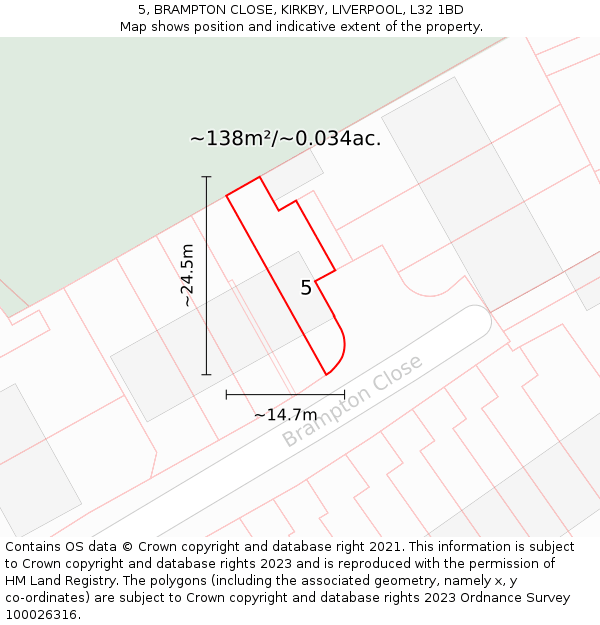 5, BRAMPTON CLOSE, KIRKBY, LIVERPOOL, L32 1BD: Plot and title map