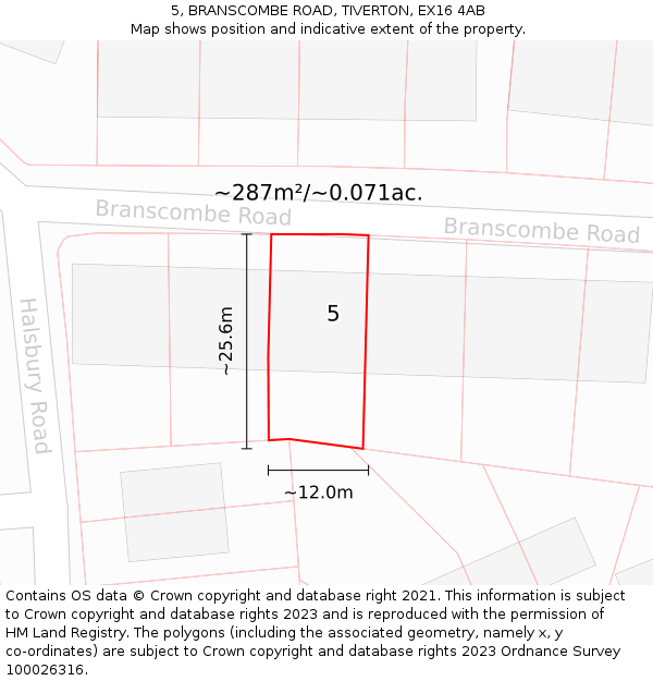 5, BRANSCOMBE ROAD, TIVERTON, EX16 4AB: Plot and title map