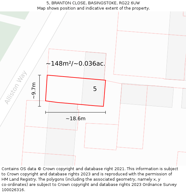 5, BRANTON CLOSE, BASINGSTOKE, RG22 6UW: Plot and title map