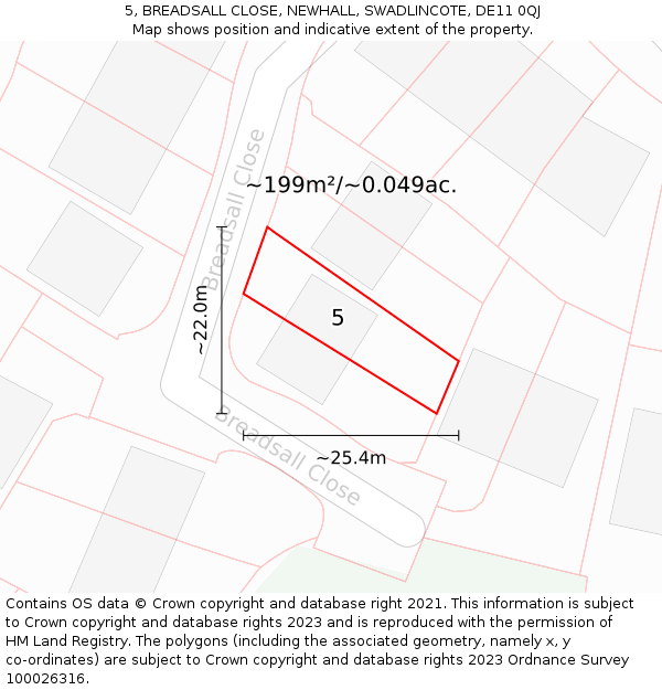 5, BREADSALL CLOSE, NEWHALL, SWADLINCOTE, DE11 0QJ: Plot and title map