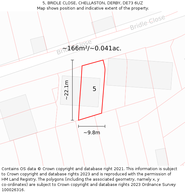 5, BRIDLE CLOSE, CHELLASTON, DERBY, DE73 6UZ: Plot and title map