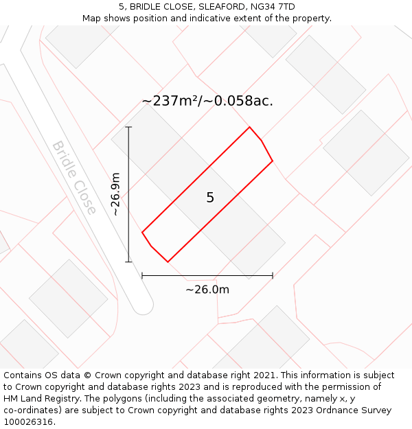 5, BRIDLE CLOSE, SLEAFORD, NG34 7TD: Plot and title map