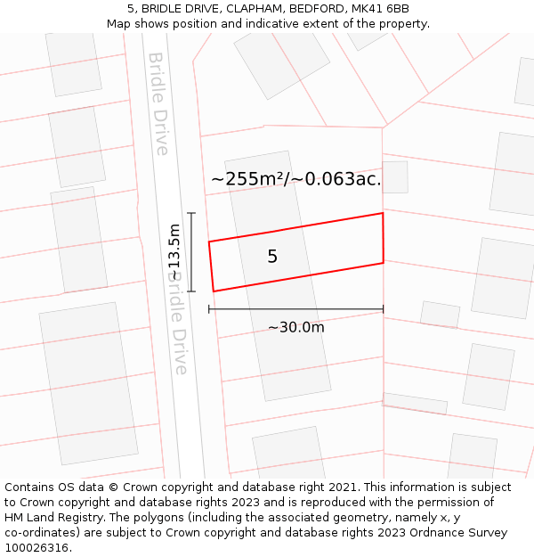 5, BRIDLE DRIVE, CLAPHAM, BEDFORD, MK41 6BB: Plot and title map