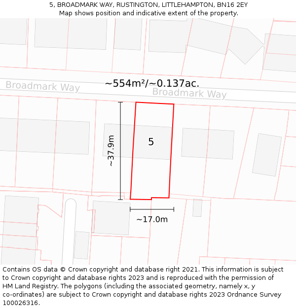 5, BROADMARK WAY, RUSTINGTON, LITTLEHAMPTON, BN16 2EY: Plot and title map