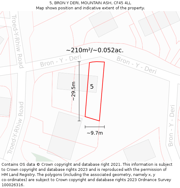 5, BRON Y DERI, MOUNTAIN ASH, CF45 4LL: Plot and title map