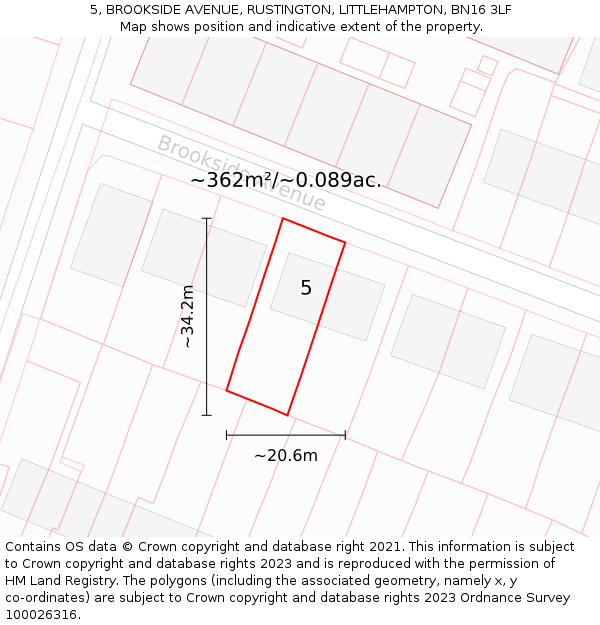 5, BROOKSIDE AVENUE, RUSTINGTON, LITTLEHAMPTON, BN16 3LF: Plot and title map