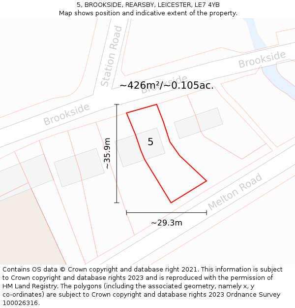 5, BROOKSIDE, REARSBY, LEICESTER, LE7 4YB: Plot and title map