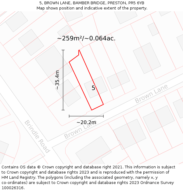 5, BROWN LANE, BAMBER BRIDGE, PRESTON, PR5 6YB: Plot and title map