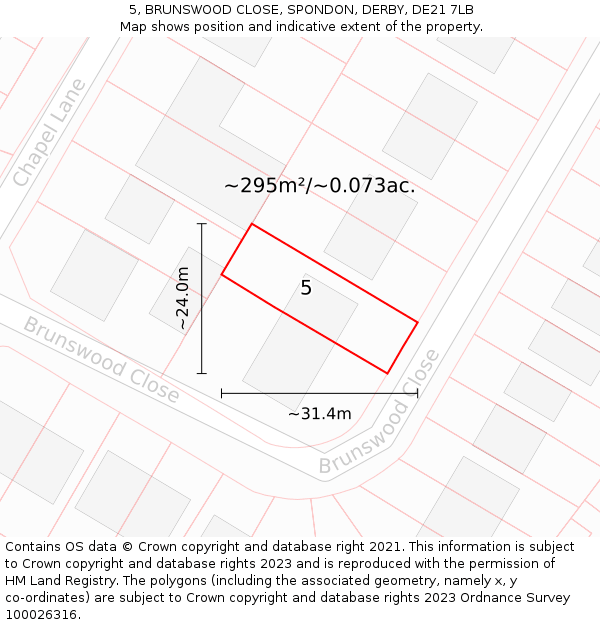 5, BRUNSWOOD CLOSE, SPONDON, DERBY, DE21 7LB: Plot and title map