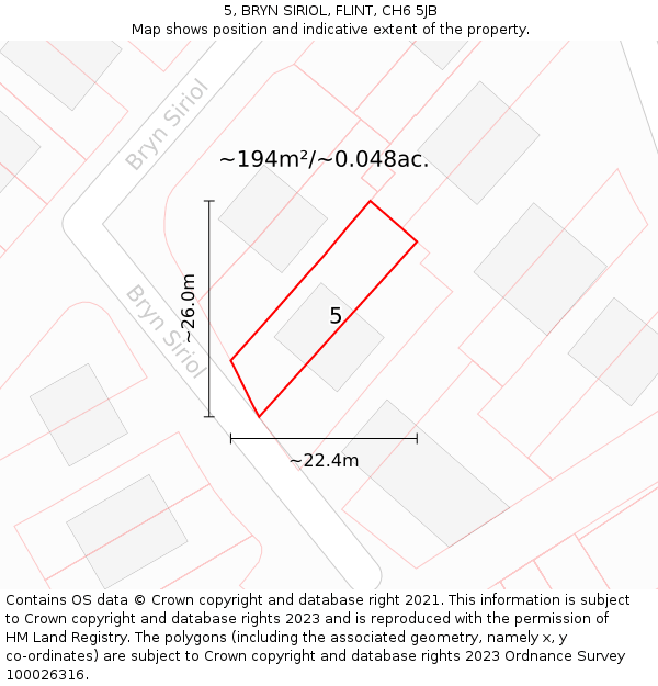 5, BRYN SIRIOL, FLINT, CH6 5JB: Plot and title map