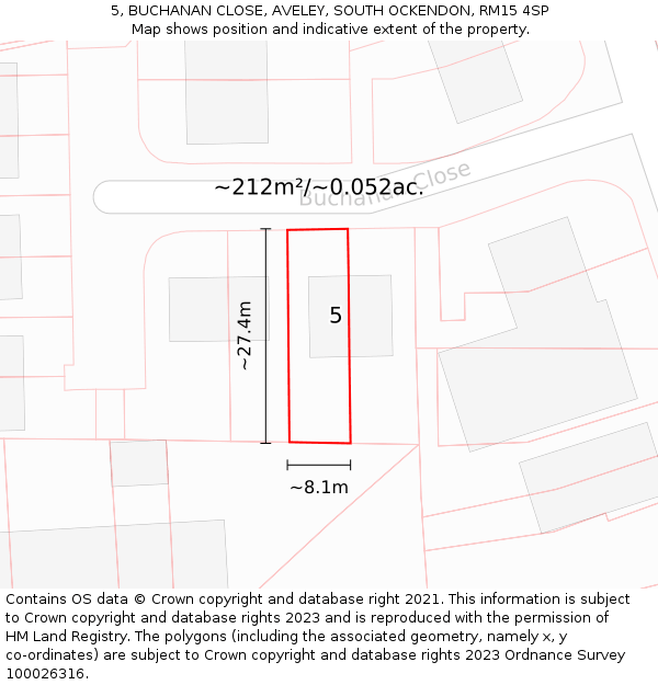 5, BUCHANAN CLOSE, AVELEY, SOUTH OCKENDON, RM15 4SP: Plot and title map