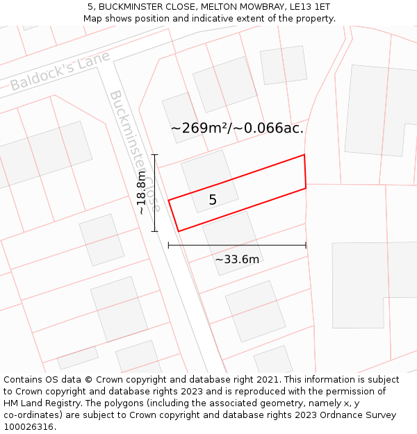 5, BUCKMINSTER CLOSE, MELTON MOWBRAY, LE13 1ET: Plot and title map