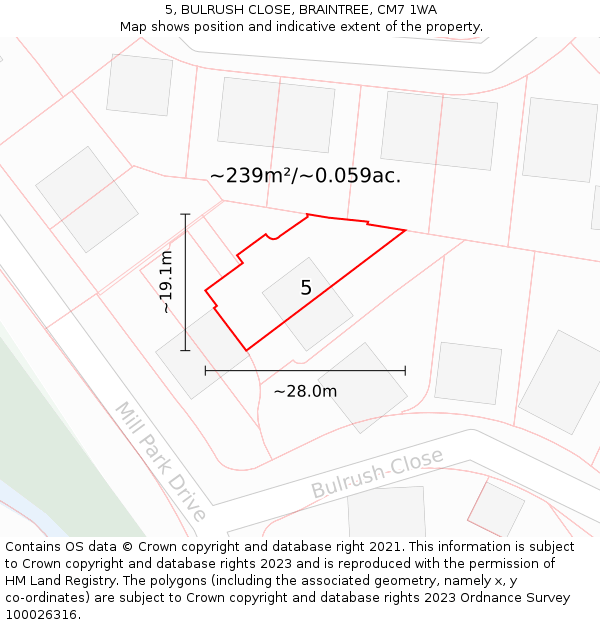 5, BULRUSH CLOSE, BRAINTREE, CM7 1WA: Plot and title map