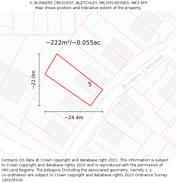 5, BUNKERS CRESCENT, BLETCHLEY, MILTON KEYNES, MK3 6FP: Plot and title map