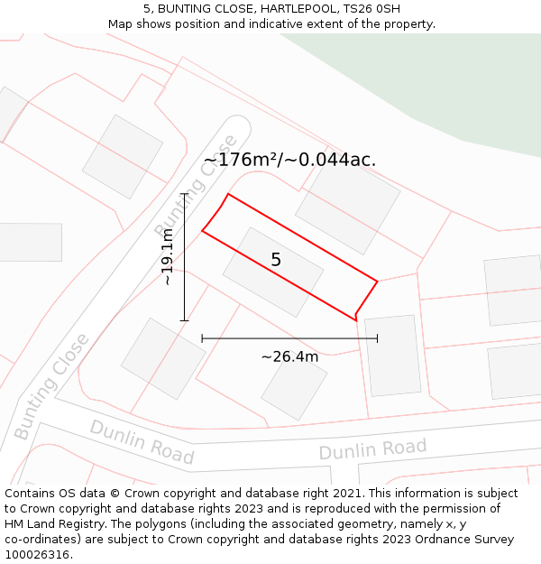 5, BUNTING CLOSE, HARTLEPOOL, TS26 0SH: Plot and title map