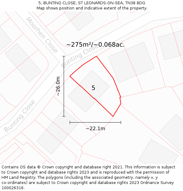 5, BUNTING CLOSE, ST LEONARDS-ON-SEA, TN38 8DG: Plot and title map