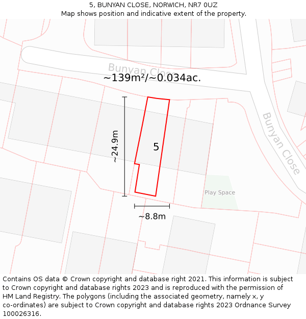 5, BUNYAN CLOSE, NORWICH, NR7 0UZ: Plot and title map