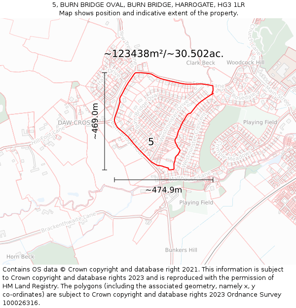 5, BURN BRIDGE OVAL, BURN BRIDGE, HARROGATE, HG3 1LR: Plot and title map