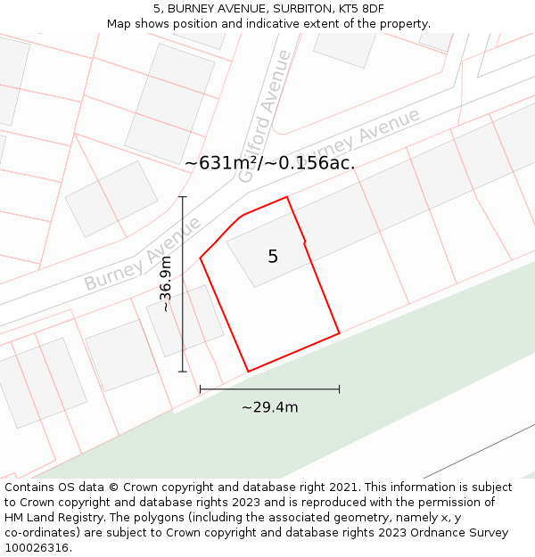 5, BURNEY AVENUE, SURBITON, KT5 8DF: Plot and title map