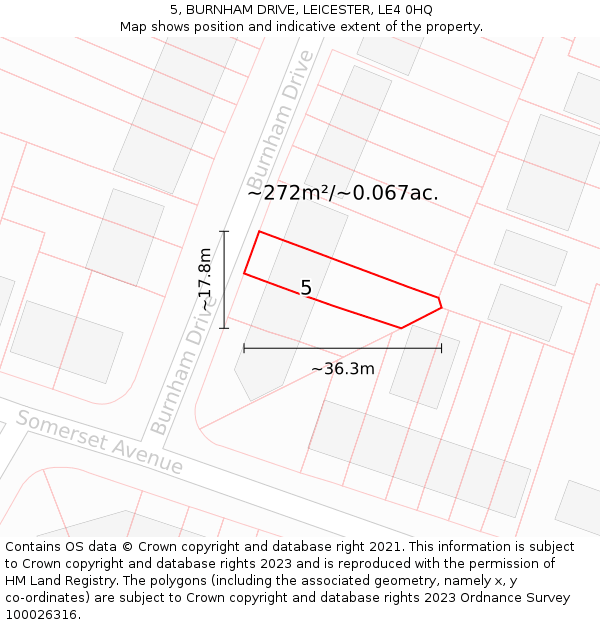 5, BURNHAM DRIVE, LEICESTER, LE4 0HQ: Plot and title map