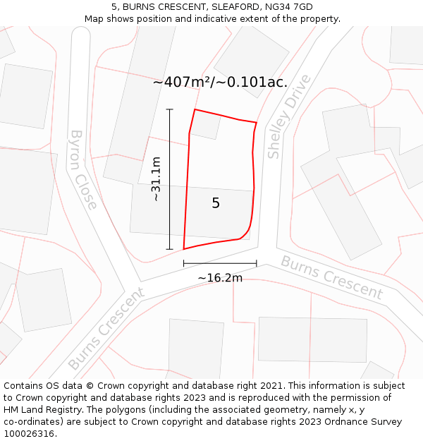 5, BURNS CRESCENT, SLEAFORD, NG34 7GD: Plot and title map