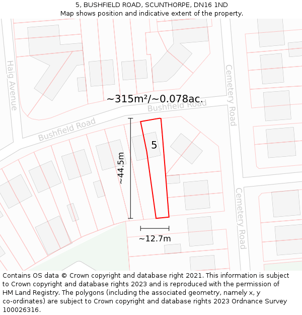 5, BUSHFIELD ROAD, SCUNTHORPE, DN16 1ND: Plot and title map