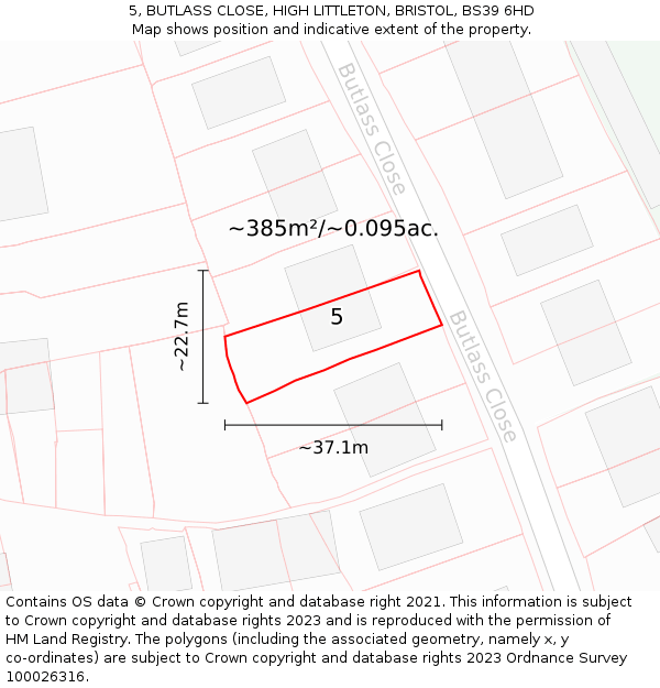 5, BUTLASS CLOSE, HIGH LITTLETON, BRISTOL, BS39 6HD: Plot and title map