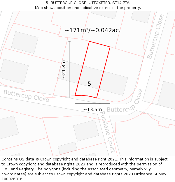 5, BUTTERCUP CLOSE, UTTOXETER, ST14 7TA: Plot and title map