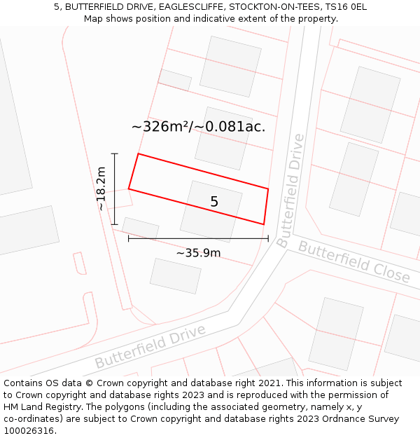 5, BUTTERFIELD DRIVE, EAGLESCLIFFE, STOCKTON-ON-TEES, TS16 0EL: Plot and title map