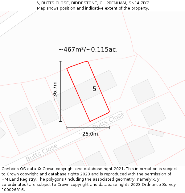 5, BUTTS CLOSE, BIDDESTONE, CHIPPENHAM, SN14 7DZ: Plot and title map