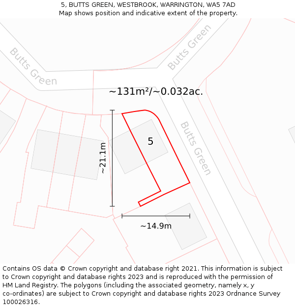 5, BUTTS GREEN, WESTBROOK, WARRINGTON, WA5 7AD: Plot and title map