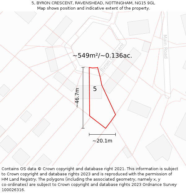 5, BYRON CRESCENT, RAVENSHEAD, NOTTINGHAM, NG15 9GL: Plot and title map