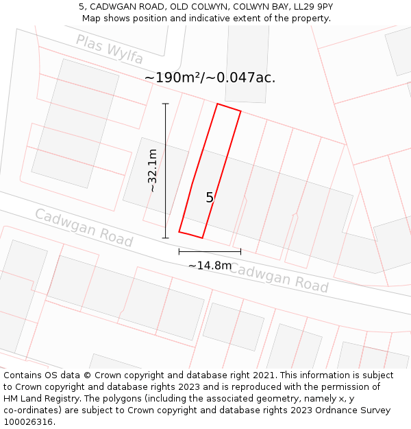 5, CADWGAN ROAD, OLD COLWYN, COLWYN BAY, LL29 9PY: Plot and title map