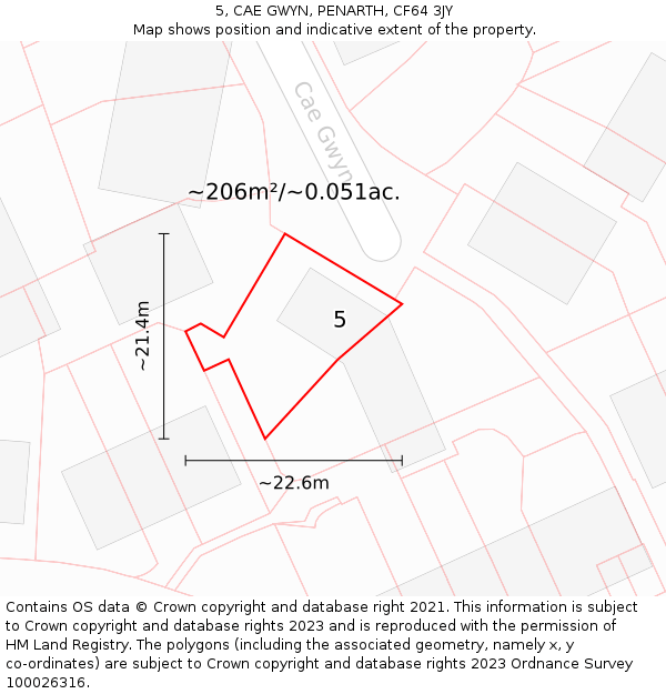 5, CAE GWYN, PENARTH, CF64 3JY: Plot and title map