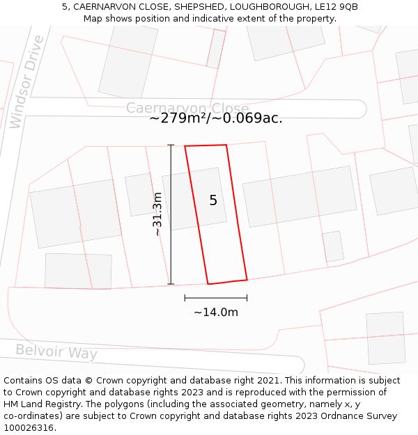 5, CAERNARVON CLOSE, SHEPSHED, LOUGHBOROUGH, LE12 9QB: Plot and title map